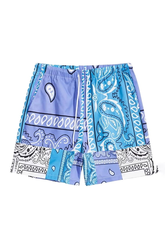 Men Boho Drawstring Waist Paisley Print Summer Beach Shorts Leisure Male Bottoms
