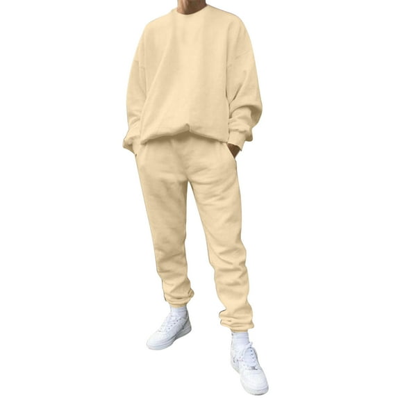 ANINEO Men Casual Solid Color Two Piece Suit O Neck Off Shoulder Long Sleeve Sleeve Sweatshirt Drawstring Pockets Pants Sets Stylish Male Outfits Sets
