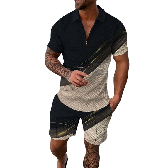 ANINEO Men Casual Striped Gradient Ramp Print Two Piece Suit Zipper Short Sleeve Tops Blouse Suit Drawstring Pockets Short Sets Classic Male Outfits Sets