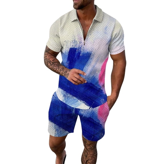 ANINEO Men Casual Striped Gradient Ramp Print Two Piece Suit Zipper Short Sleeve Tops Blouse Suit Drawstring Pockets Short Sets Leisure Male Outfits Sets