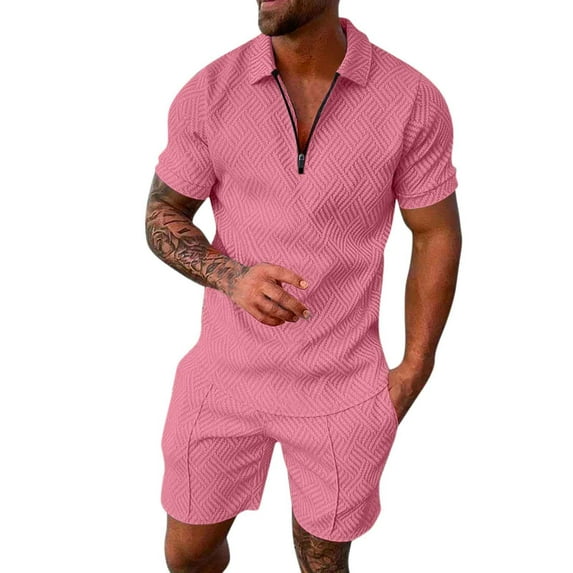 ANINEO Men Casual Striped Print Two Piece Suit Zipper Collar Short Sleeve Tops Blouse Suit Drawstring Pockets Short Sets Male Outfits Sets