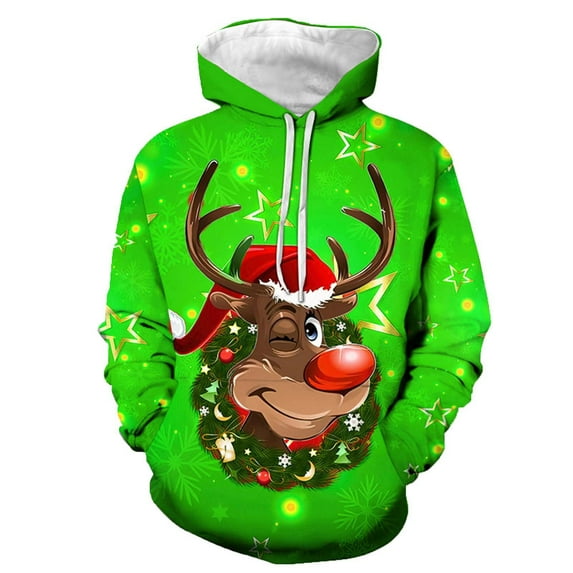 ANINEO Men Christmas Casual Loose Hood Comfortable Hooded Sweatshirt Reindeer Long Sleeve Sweatshirt Hoodie Pullover Tops Leisure Male Dailywear