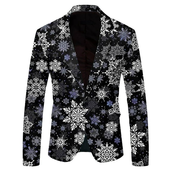 ANINEO Men Christmas Snowflake Santa Printed Pockets Lapel Button Suit Jacket Blazers Coats Suit Long Sleeve Male Outwear