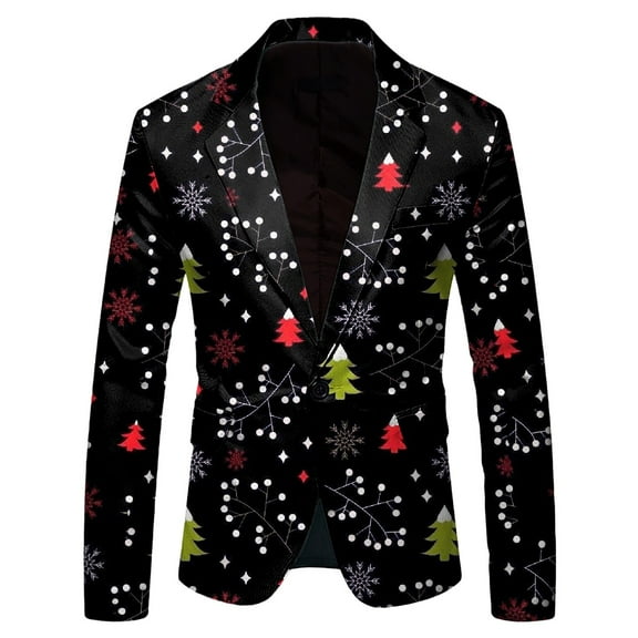 ANINEO Men Christmas Snowflake Santa Printed Pockets Lapel Button Suit Jacket Blazers Coats Suit Long Sleeve Stylish Male Outwear