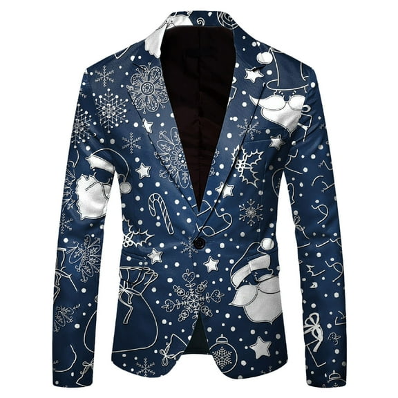 ANINEO Men Christmas Snowflake Santa Printed Pockets Lapel Button Suit Jacket Blazers Coats Suit Long Sleeve Trendy Male Outwear