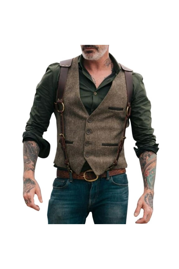 Men Fall Winter Casual Retro Single- Suit Vest Solid Color Leisure Male Dailywear