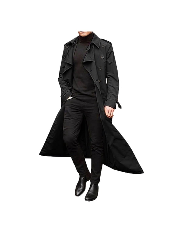 Men Fall Winter Long Trench Coats Double Coats Belt Loose Jacket Long Sleeve Solid Color Classic Male Outwear