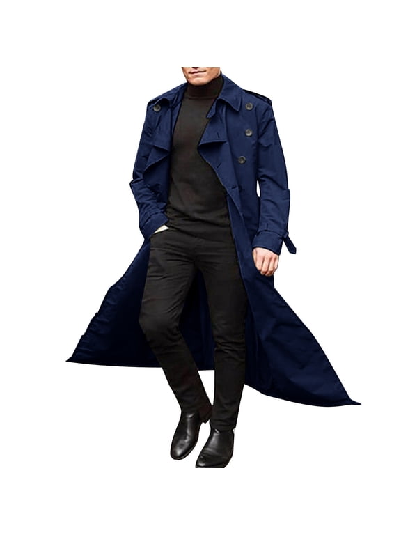 Men Fall Winter Long Trench Coats Double Coats Belt Loose Jacket Long Sleeve Solid Color Male Outwear