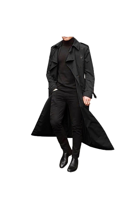 Men Fall Winter Long Trench Coats Double Coats Belt Loose Jacket Long Sleeve Solid Color Trendy Male Outwear