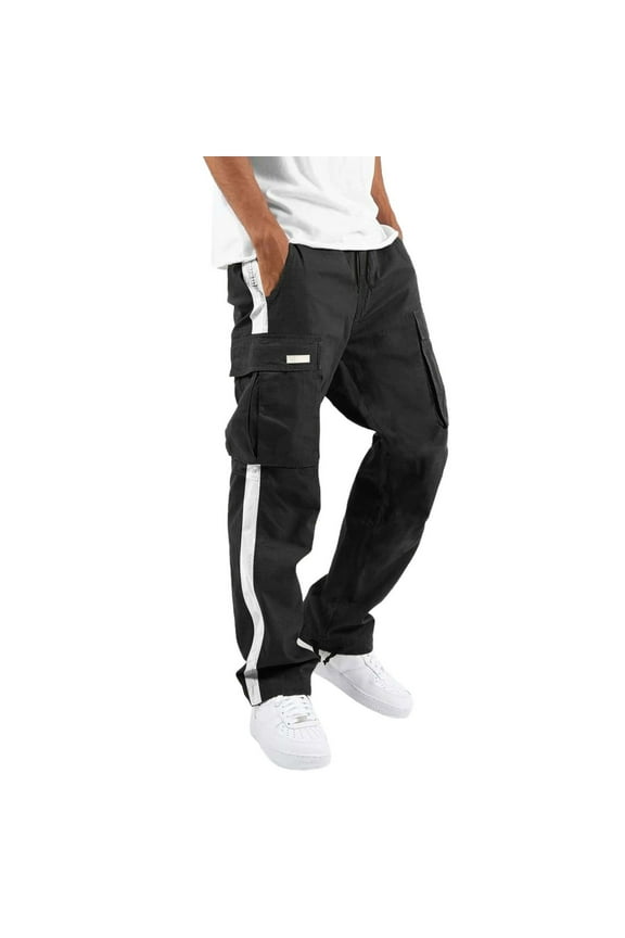 Men Four Seasons Street Leisure Sports Multi Pockets Street Lace Up Patchwork Ribbon Standard Woven Cargo Trousers Solid Color Leisure Male Slacks