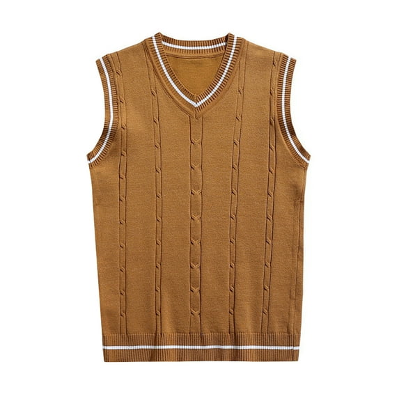 ANINEO Men Sleeveless Sweater Vest Striped Trim V Neck Pullover Vest Classic Male Knitwear