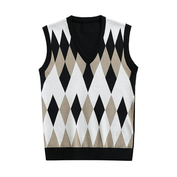 ANINEO Men Sleeveless Sweater Vest Striped Trim V Neck Pullover Vest Tops Classic Male Knitwear