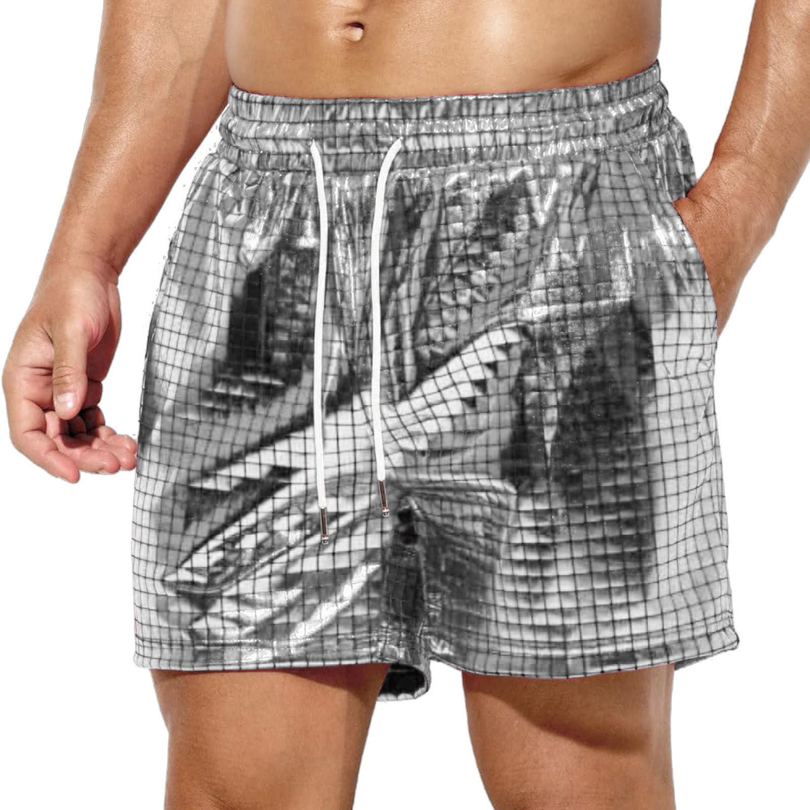 ANINEO Men's Solid Color Metallic Shorts Sequin Shorts For Rave Hot ...