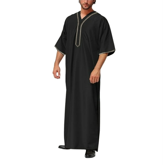 ANINEO Mens Casual Loose Arab Dubai Robe Middle Sleeve Button Shirt Solid Color Leisure Male Dailywear