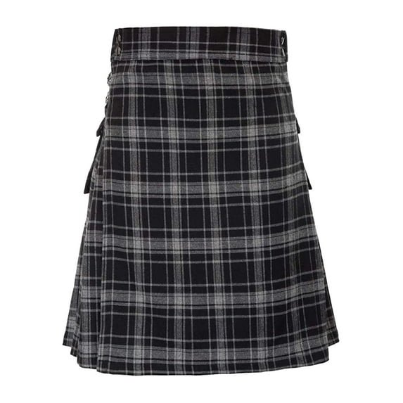 ANINEO Mens Fashion Scottish Style Plaid Contrast Color Pockets Pleated Skirts Solid Color Classic Male Skirts