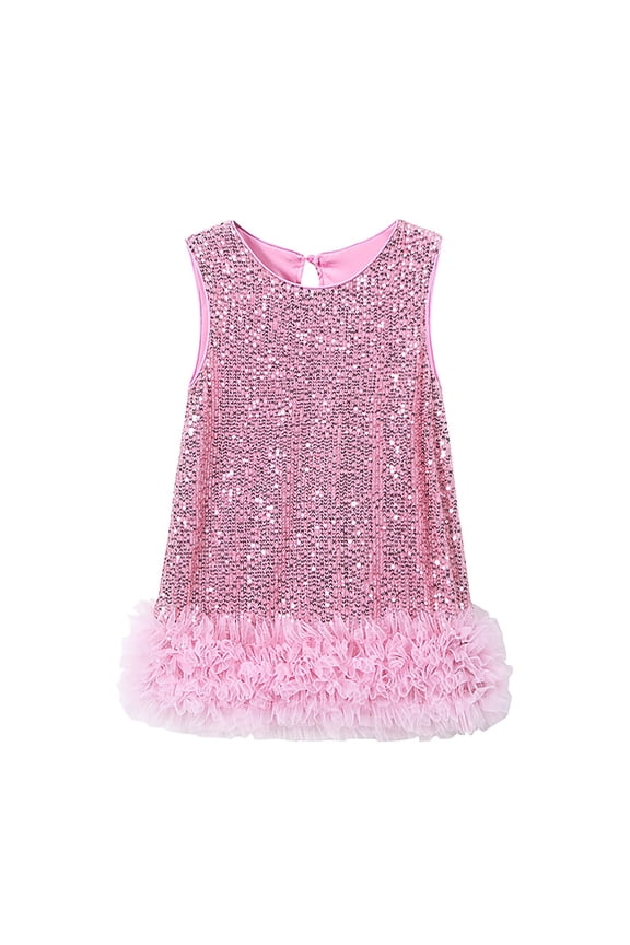 Mesh O-Neck Vest Dress Sleeveless For Girls Elegant Party Gown Autumn Layered Tutu Dress With Glitter Detail Fashion Toddler Kids Frock Sundress