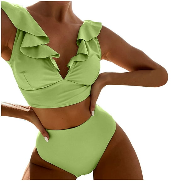 ANINEO New Multicolor Ruffled V-Neck Split Swimsuit High Waist Split Bikini Women Swimwear Stylish Hawaii Summer Tropical Brazilian Beachwear