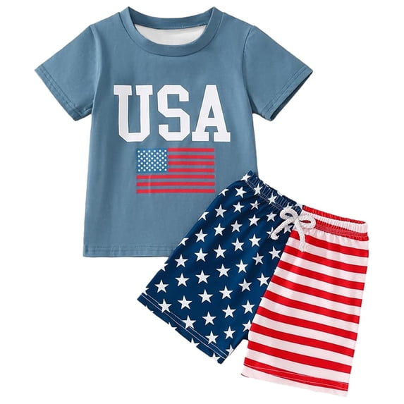 ANINEO Outfit Sets Boys Fashionable Casual Independence Day O-Neck Short Sleeve T-Shirts Shorts Set Classic Child Clothes Sets