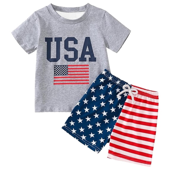 ANINEO Outfit Sets Boys Fashionable Casual Independence Day O-Neck Short Sleeve T-Shirts Shorts Set Fashionable Child Clothing Sets
