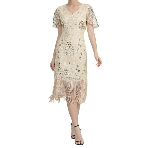 ANINEO Plus Size Vintage Dresses Fringed Personality Sequin Beaded Tassels Hem Flapper Dress For Women Costume