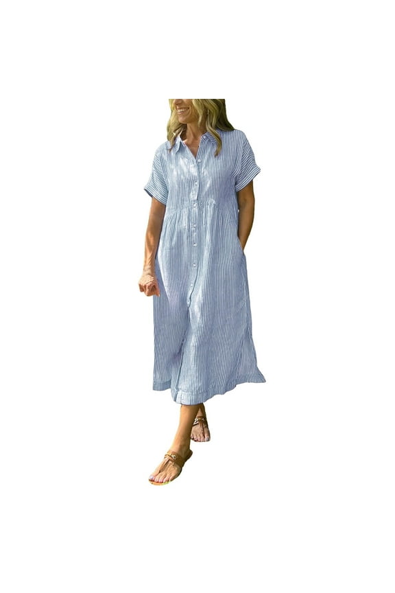 Striped Lapel Button Down Shirt Dress Women Blue White Striped Midi Tshirt Dress Summer Functional Pockets Classic Daliywear