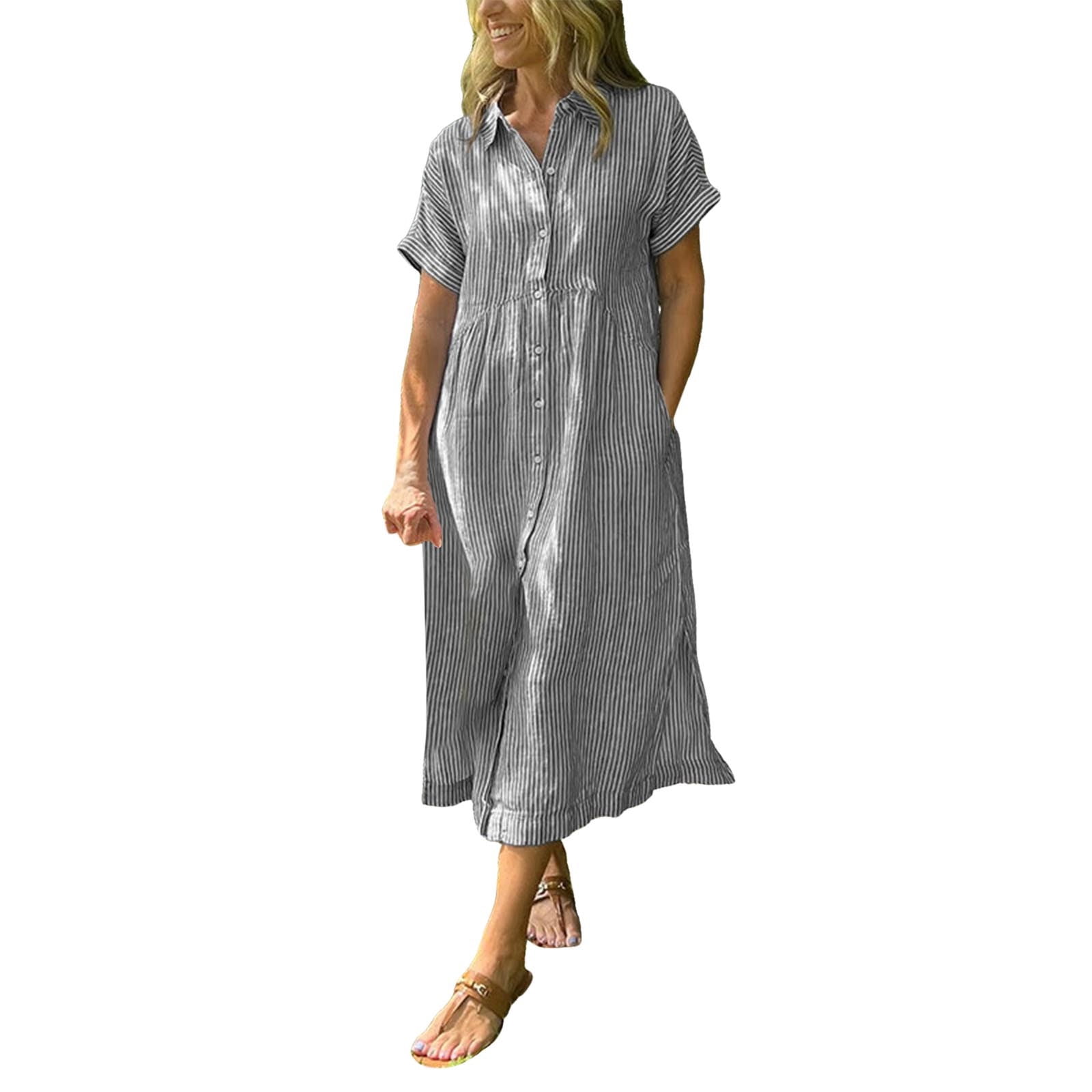 Mid-Sleeve Button Down Patterned Shirtdress - Exotic Blue & White