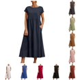 thumbnail image 1 of ANINEO Summer Dresses For Women 2026 Casual Solid Color Short Sleeve Linen With Pockets Loose Fit Round Neck Midi Relaxed Fit Dress, 1 of 6