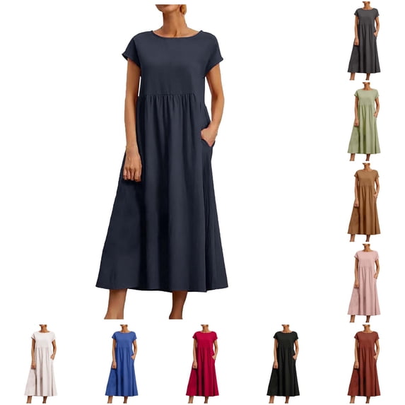 ANINEO Summer Dresses For Women 2026 Casual Solid Color Short Sleeve Linen With Pockets Loose Fit Round Neck Midi Relaxed Fit Dress