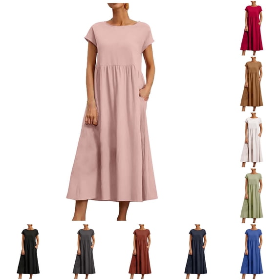 ANINEO Summer Dresses For Women Casual Solid Color Short Sleeve Linen With Pockets Loose Fit Round Neck Midi Comfort Dress