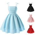 thumbnail image 1 of ANINEO Summer Dresses For Girls Solid Color With Bowknot Sweet Sleeveless For Kids Spaghetti Strap Smocked Ruched A-Line Swing Layered Bow Tie Shoulder Flowy Cami Mini Vacation Dress, 1 of 4