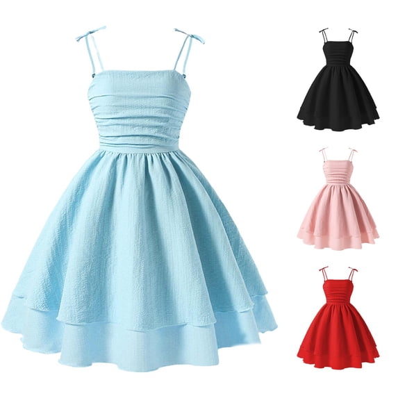 ANINEO Summer Dresses For Girls Solid Color With Bowknot Sweet Sleeveless For Kids Spaghetti Strap Smocked Ruched A-Line Swing Layered Bow Tie Shoulder Flowy Cami Mini Vacation Dress
