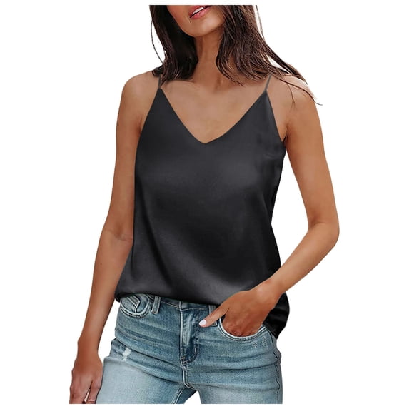 ANINEO Summer V Neck Tank Tops For Women Silk Satin Summer Sleeveless Camis Straps Tops Vacation Solid Color Basic Camisoles