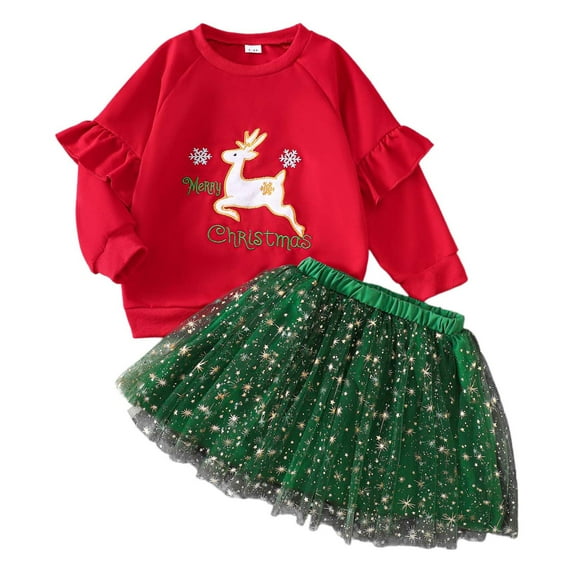 ANINEO Teenager Girls Long Sleeve Christmas Embroider T Shirt Pullover Tops Skirts Outfits Comfort Kids Wear