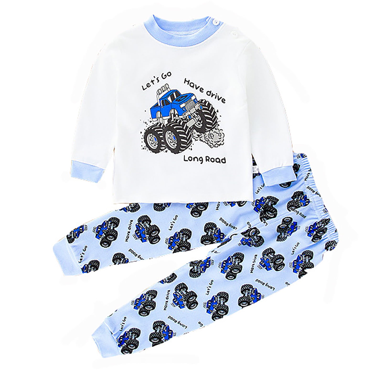Kids Boys 2 Pieces T-shirt & Pants Pajama Set Long Sleeve White Blue Sky Blue main image 1