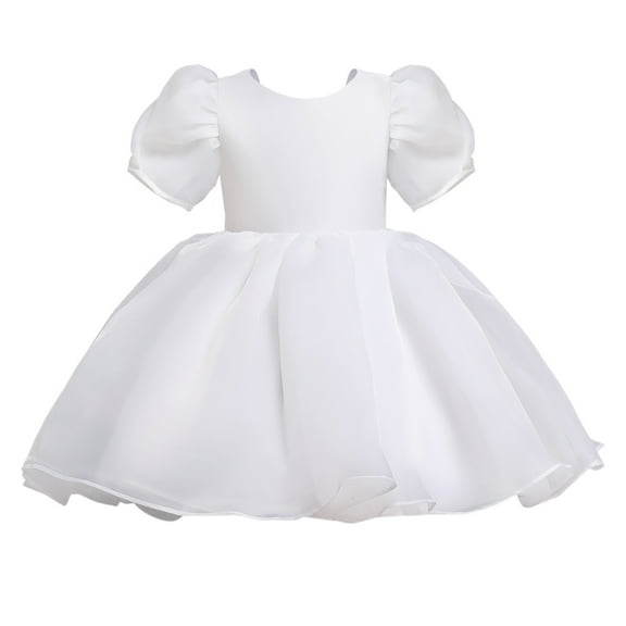ANINEO Toddler Flower Girls Satin Tulle Dress V Backless Puff Sleeve Princess Pageant Dress Little Girls Wedding Party