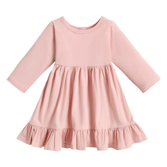 ANINEO Toddler Girl Casual Solid A-line Twirly Dress Long Sleeve Skater Ruffle Hem Dresses Fall Outfit
