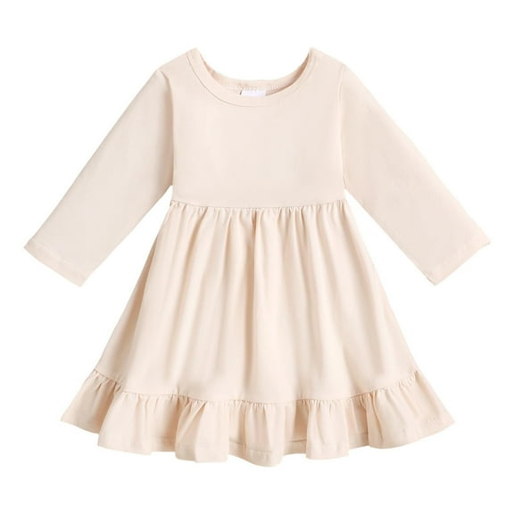 ANINEO Toddler Girl Casual Solid A-line Twirly Dress Long Sleeve Skater Ruffle Hem Dresses Fall Outfit