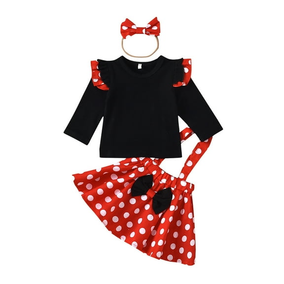 ANINEO Toddler Girls Long Sleeve Dot Prints Ruffles Tops Suspenders Skirt Headbands Three Piece Outfits Comfort Child Dailywear