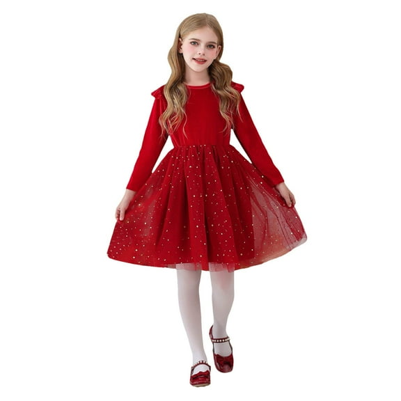ANINEO Toddler Girls Tutu Dresses Long Sleeve Ruffle Fall Winter Holiday Star Sequin Tulle Dress 5-12Y