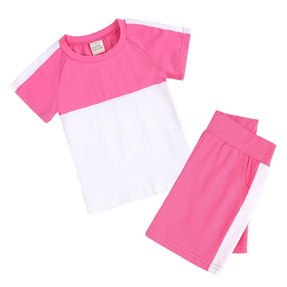 ANINEO Toddler Kids Baby Boys Girls 2PCS Tracksuit Summer Outfits Color Block Short Sleeve T-Shirt With Shorts Sets 2PCS Outfits, 3-6 Months