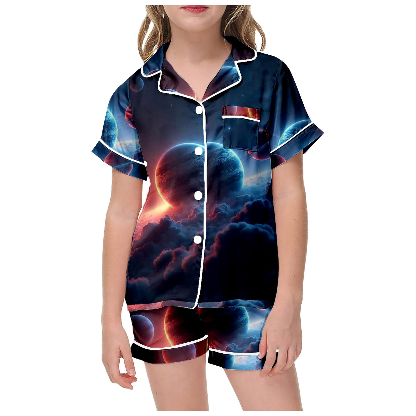 Vopmocld Girls' 3-Piece Pajama Set - Button-Down Short Sleeve Top With Long Pants & Shorts, Cute Cartoon Print