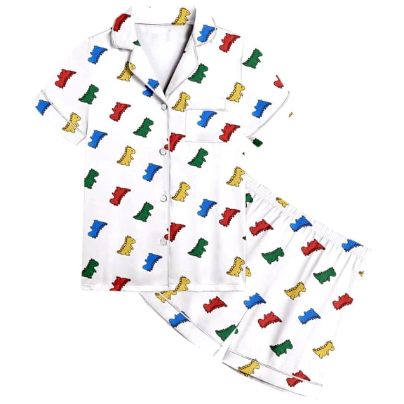 ANINEO Unisex Satin Pajamas Set Boys Girls Silk Pjs Short Sleeve 2 Piece Sleepwear Button-Down Kids Nightwear Outfits