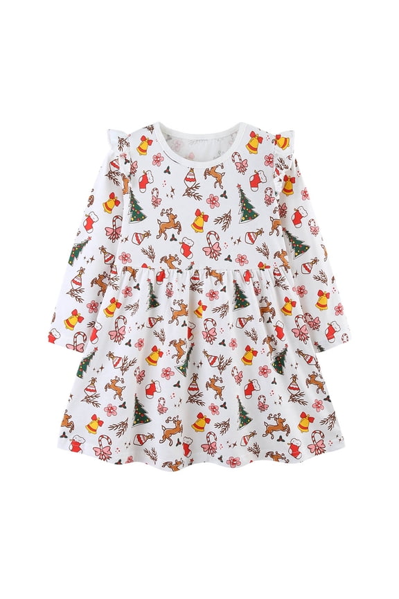 Winter Girls Dress With Snowman And Reindeer Print Flutter Sleeve Party Gown For Holiday Festive Season Dress Toddler Kid Child O-Neck Sundress
