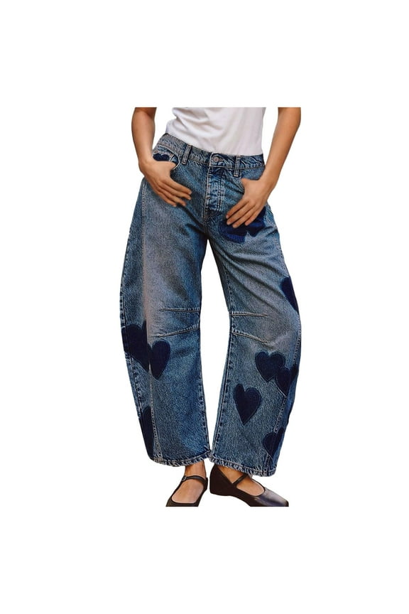 Women Barrel Jeans Mid Rise Heart Printed Denim Ankle Pants Vintage Baggy Boyfriend Jeans Classic Daily Female Trousers