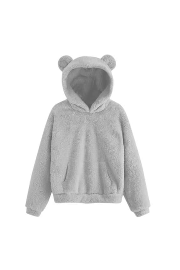 Women Bear Ears Hooded Sweatshirt Warm Pullover Long Sleeve With Cozy Hood For Adults Solid Color Cozy