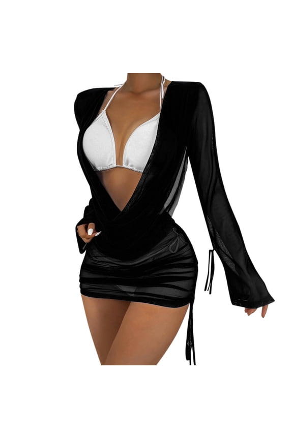 Women Bikini Draped Front Drawstring Knot Backless Mesh Cover Up Mini Dress Beach Wrap Bikini Shiny Wraps Cover Ups For Swimwear Relaxed Fit Hawaii Summer Tropical Brazilian Beachwear