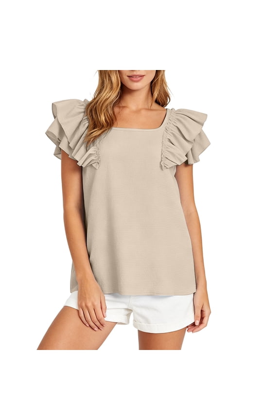 Women Blouses Bow Tie Back Blouse With Ruffled Round Neck Cute Casual Short Sleeve Summer Solid Color Comfort Female Back To School Tops
