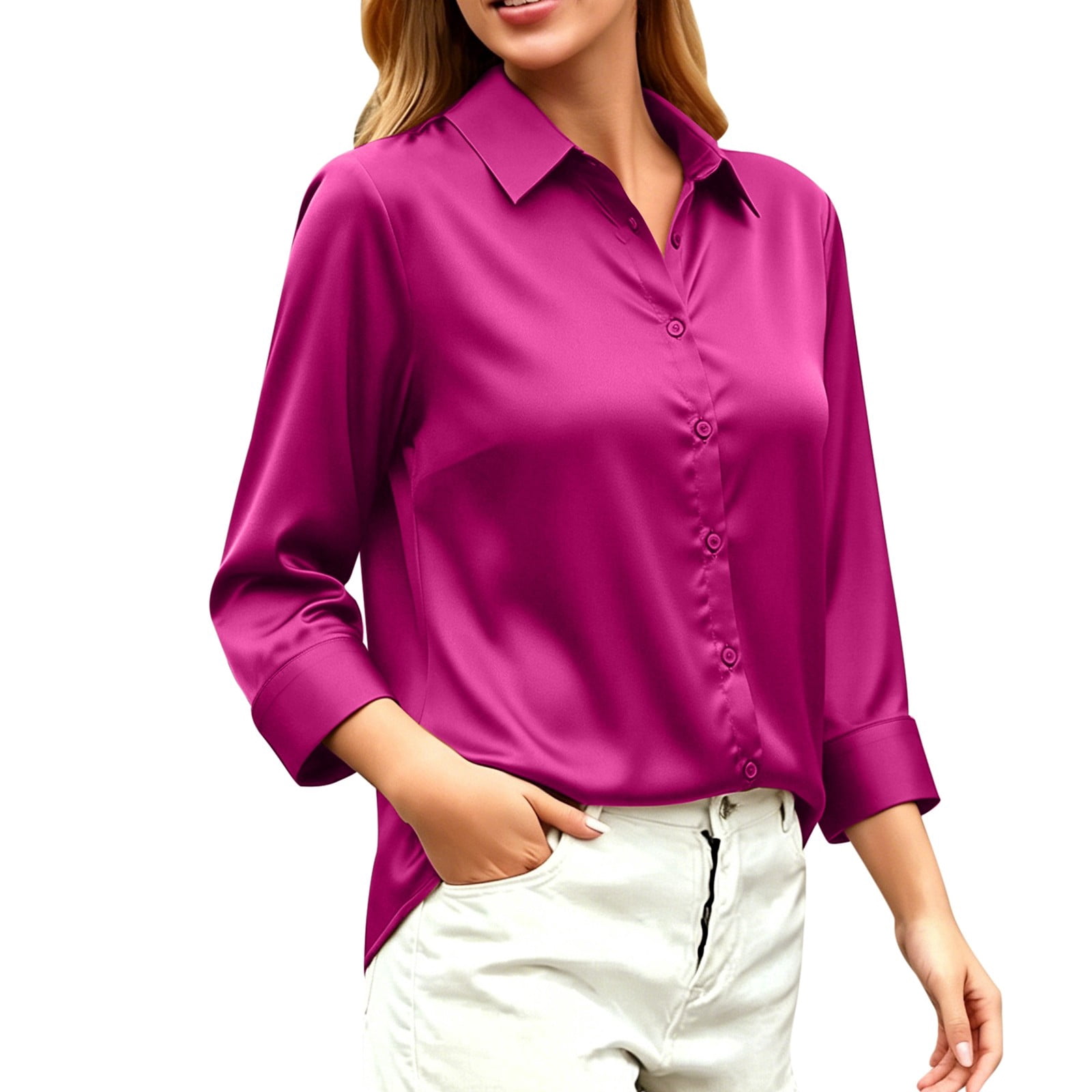 ANINEO Women Blouses Lady's Loose Fitting Long Sleeved Satin Color ...