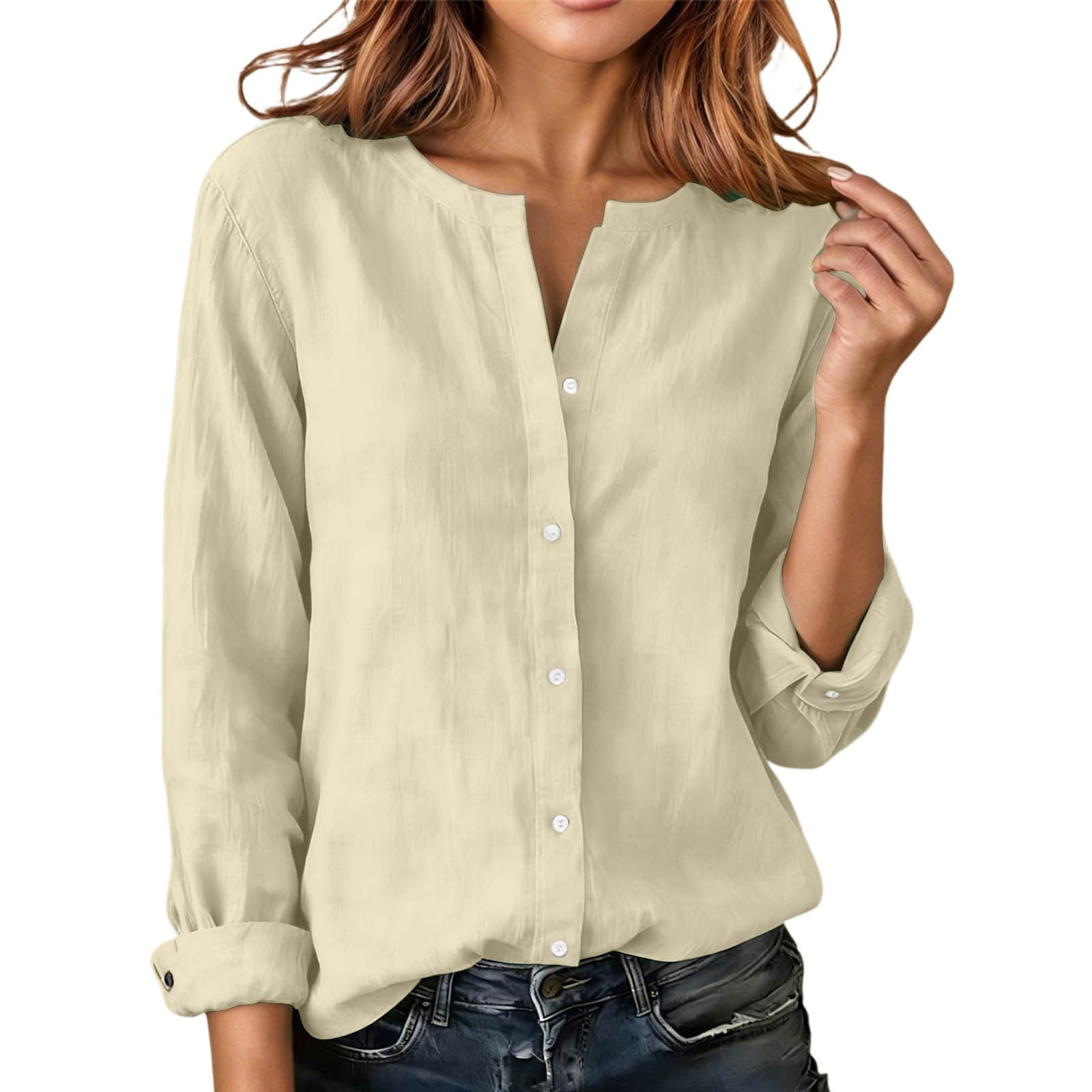 ANINEO Women Blouses Relaxed Fit Knit Style Shirt With Stand Collar For ...