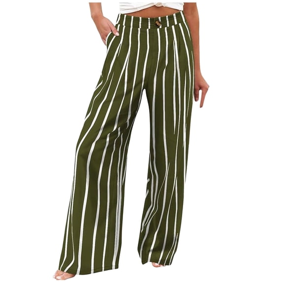 ANINEO Women Button Summer Casual Beach Pants Trousers High Waisted Wide Leg Pants With Pocket Striped Long Trendy Daily Female Slacks